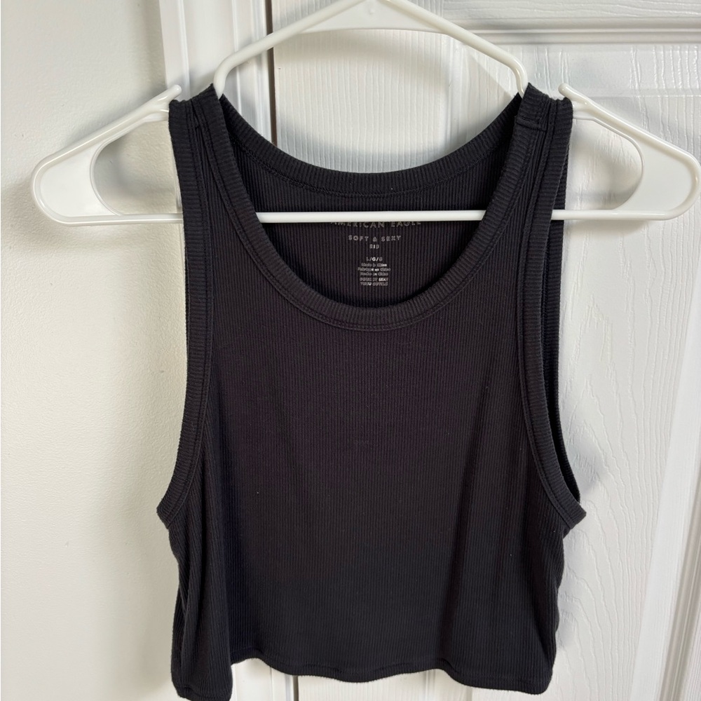American Eagle Outfitters Soft & Sexy Charcoal Black Ribbed Tank Top (cropped)